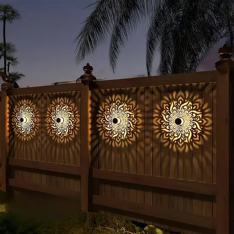 Outdoor LED Solar Fence and Wall Light Metal Mandala Decorative Lamp for Garden Lawn Corridor Porch Waterproof Night Light